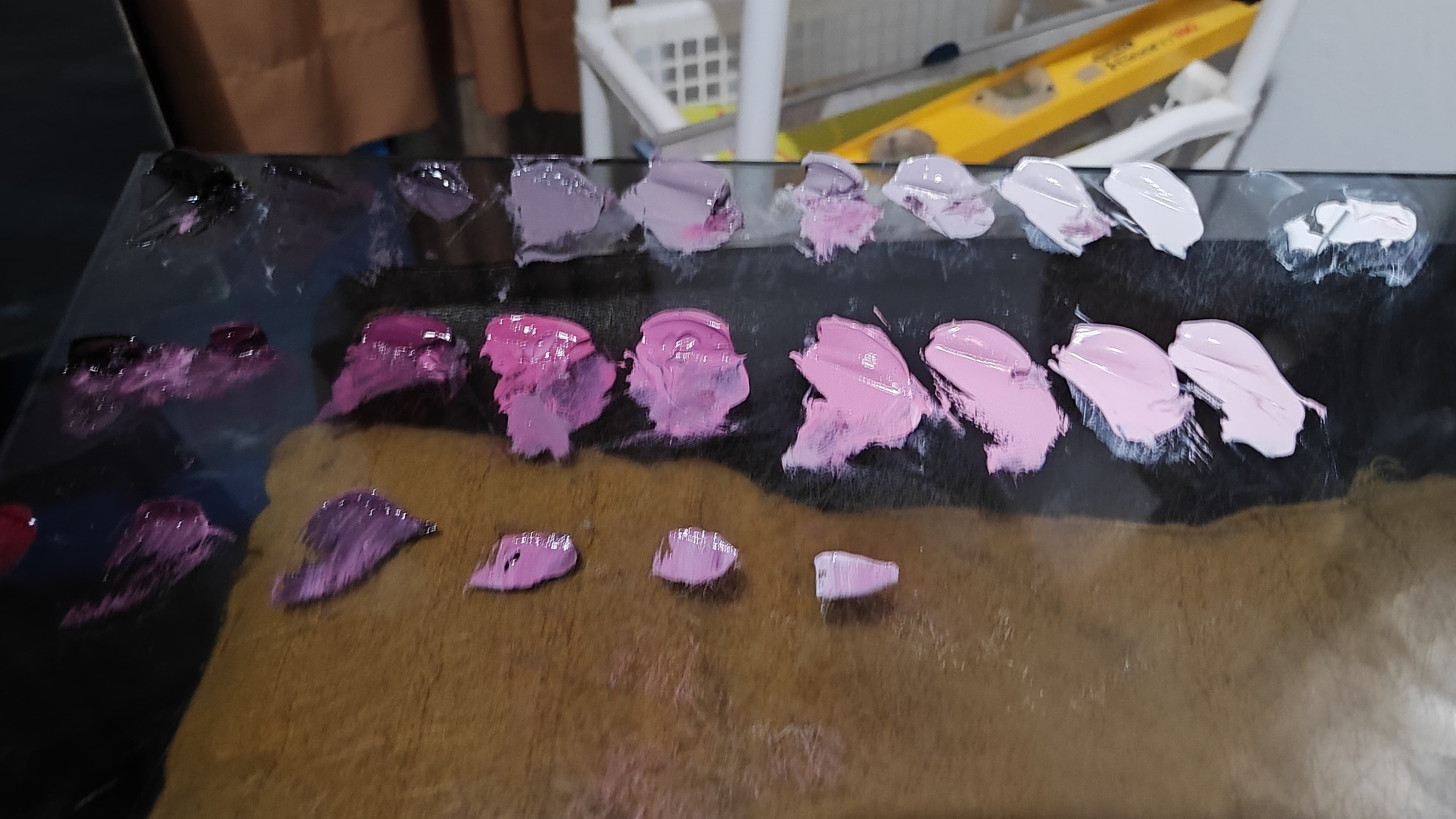 Oil paint color mixtures prepared on the artist's palette